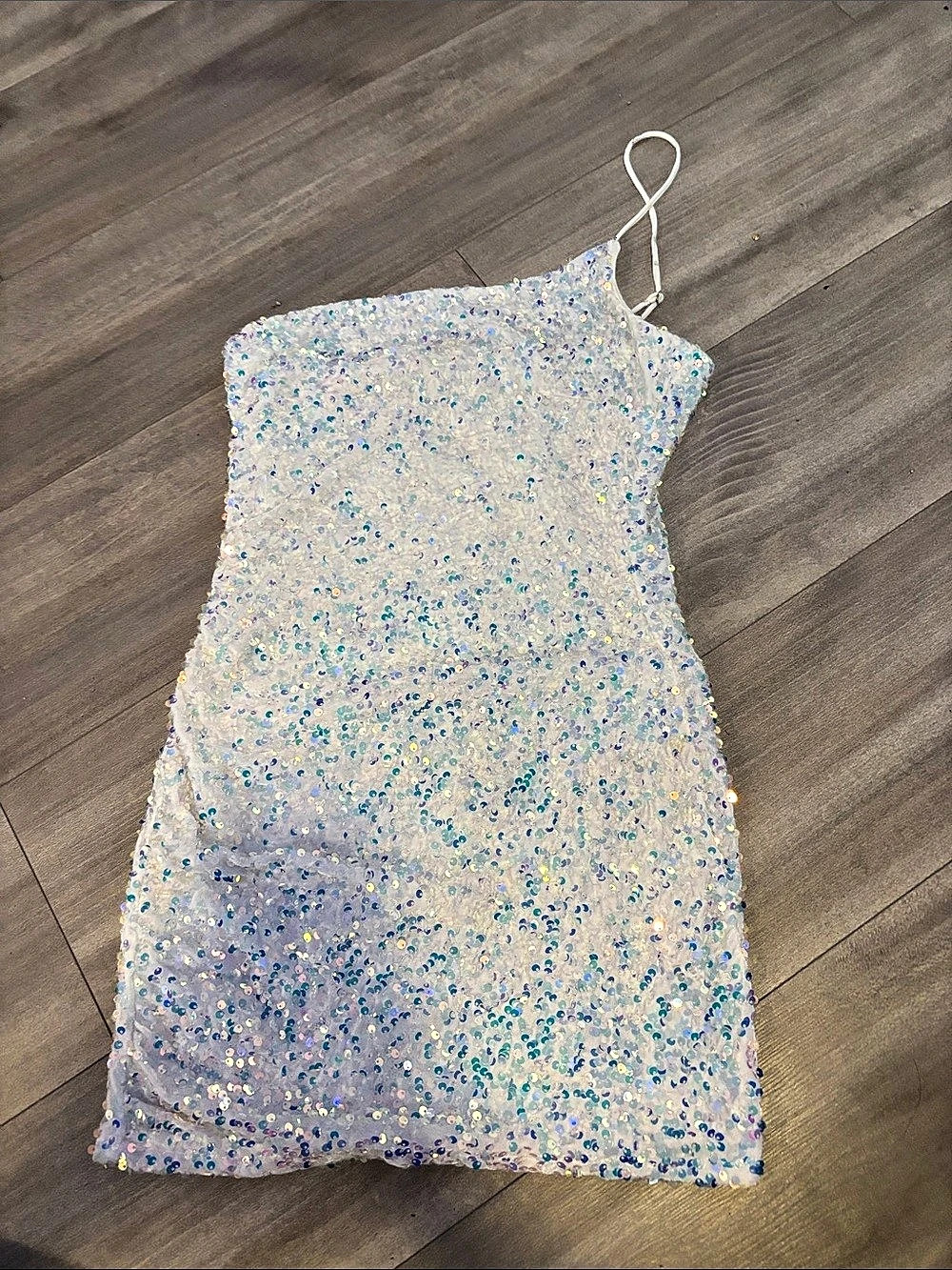 Sequin Spaghetti Strap Mini Dress in White & Blue